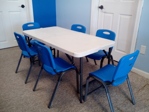 Kids Table 6 Blue Chairs 